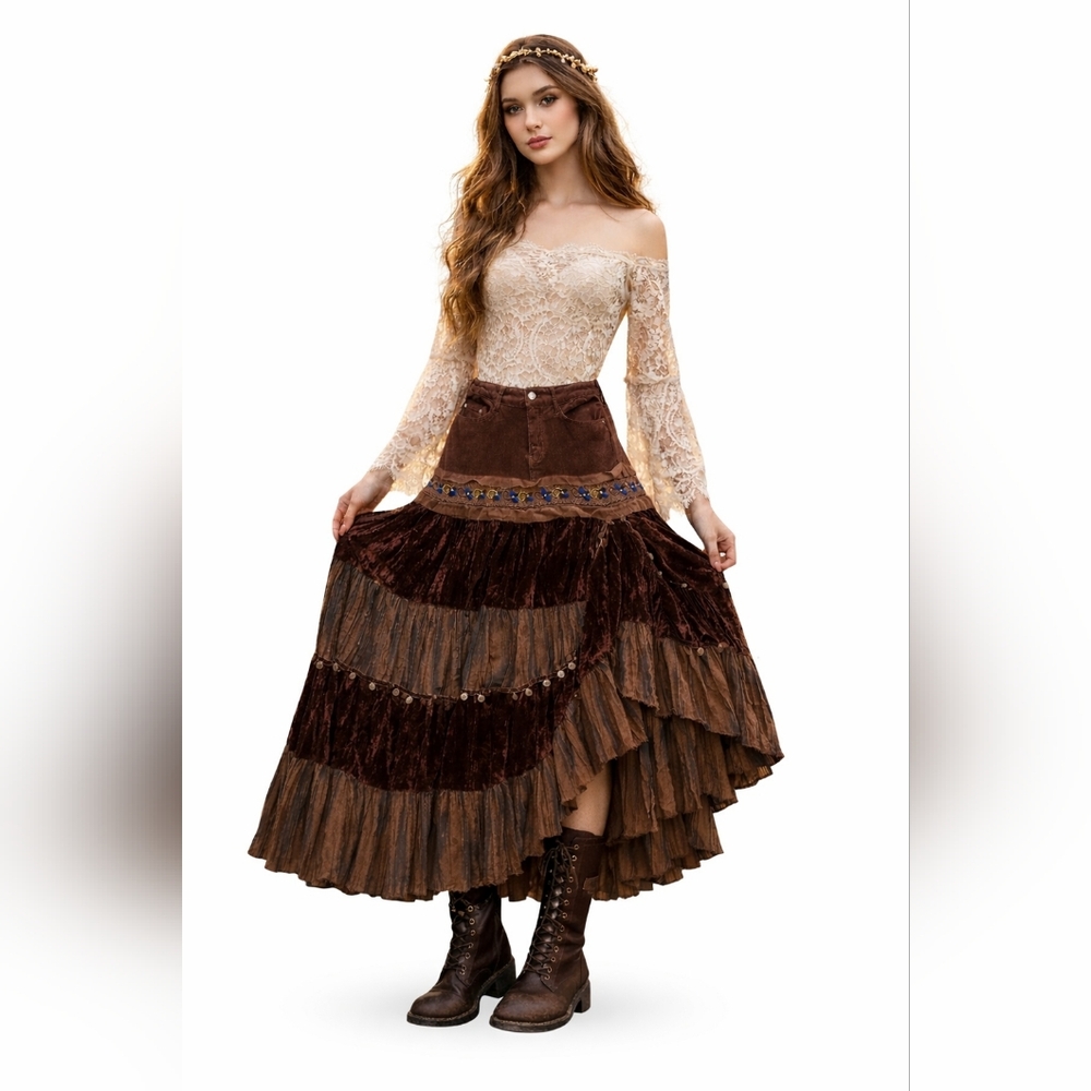 Vintage 90s Y2K Whimsigoth Tiered Maxi Skirt Gypsy Boho Fairycore Small